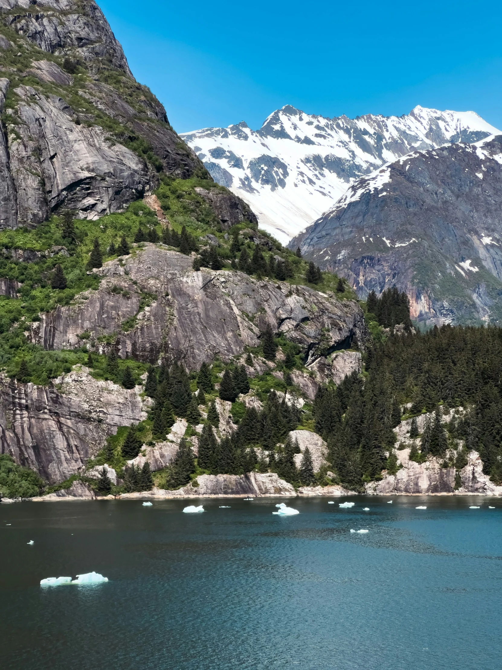 several small ice flakes floating in the water near mountains