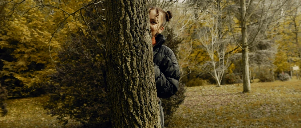 a person is standing in the middle of a field, leaning against the tree