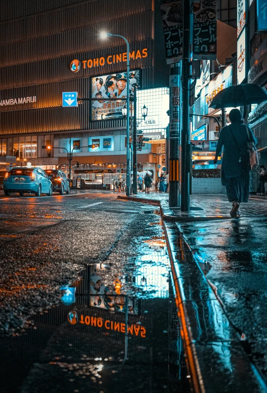 man with umbrella standing on the sidewalk at night