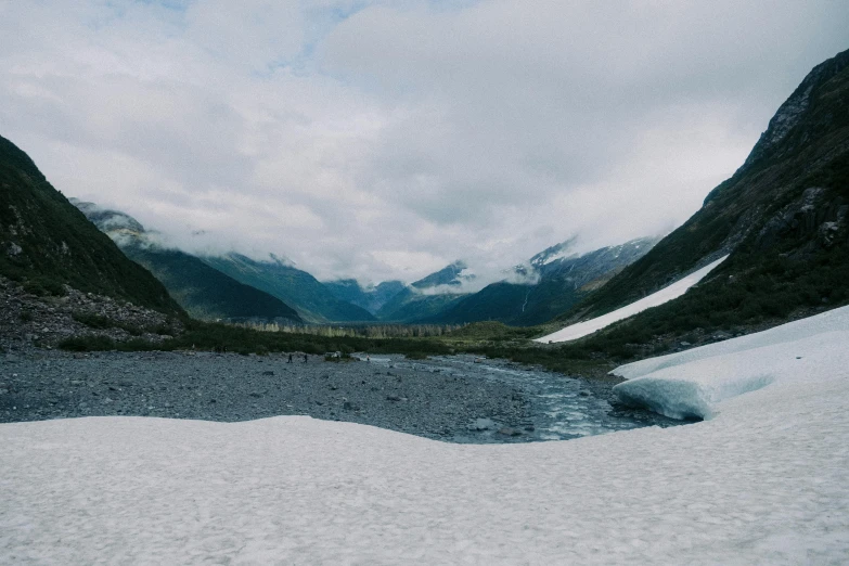 the back side of a mountain range near snow