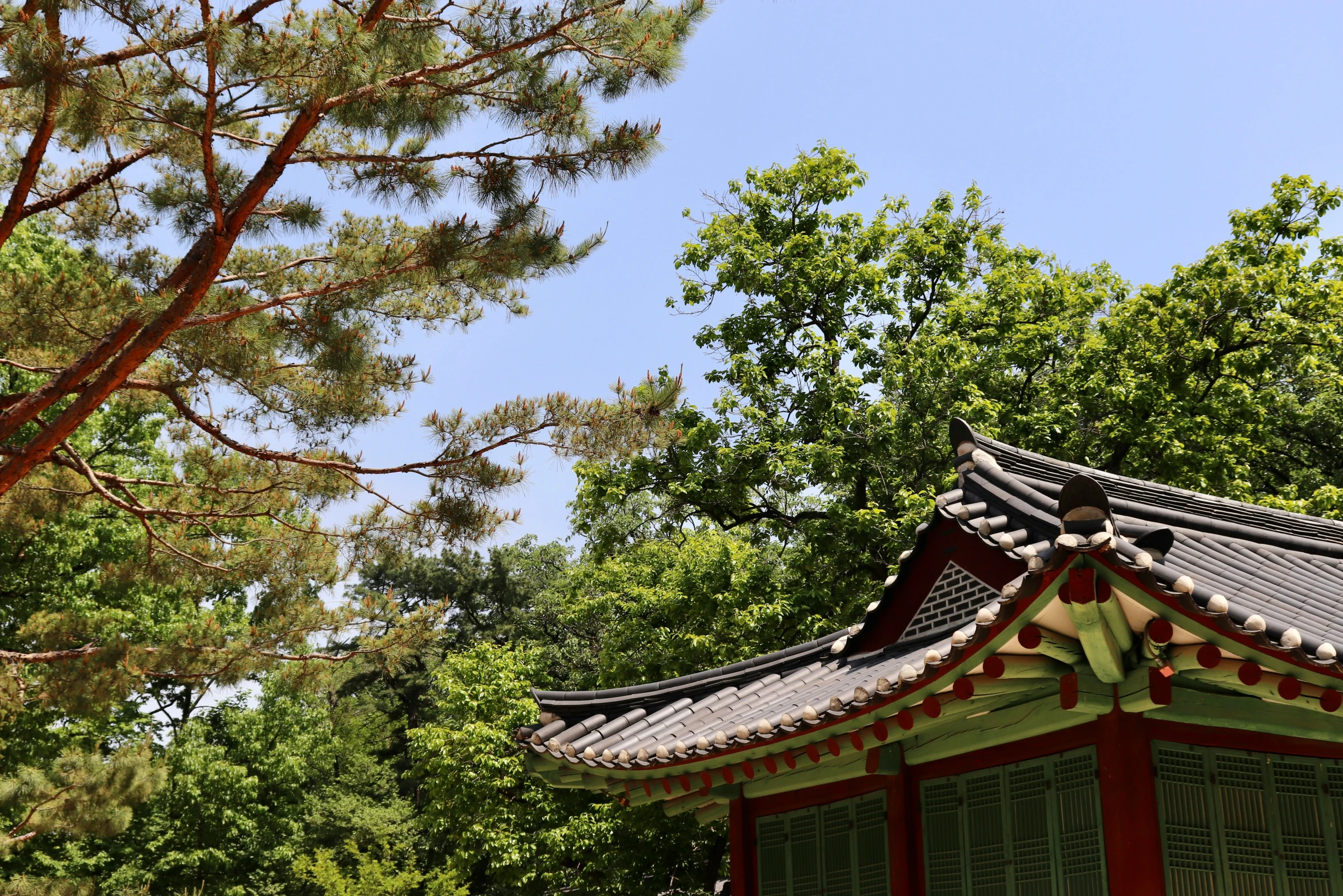 a small japanese building with red trim in front of trees