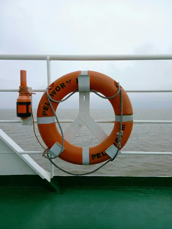 a life preserver on a boat with sea in the background