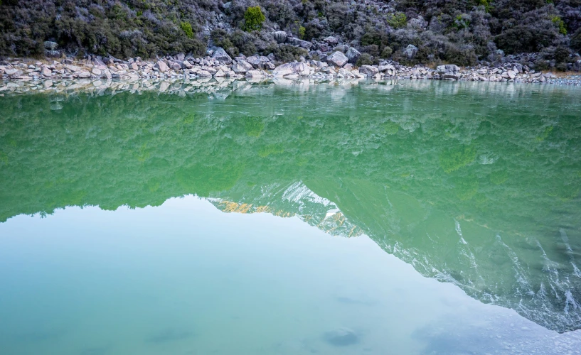 clear blue water surrounded by rocks and greenery