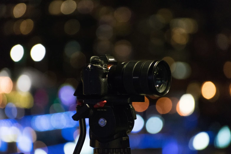 blurry city lights as viewed from a camera
