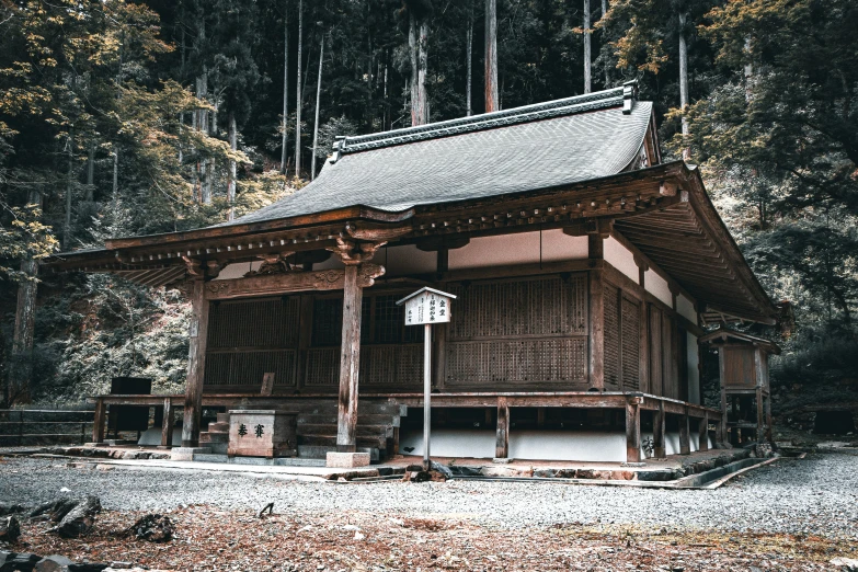 a tall wooden building sitting in front of trees