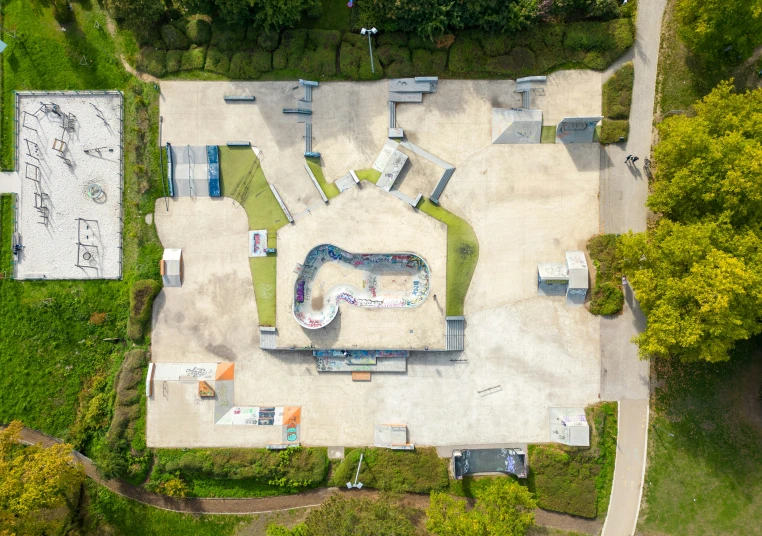 an aerial view of a skate park