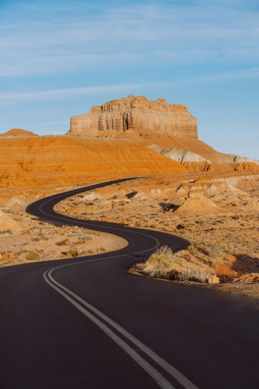 a curved road winds through the landscape in the deserts