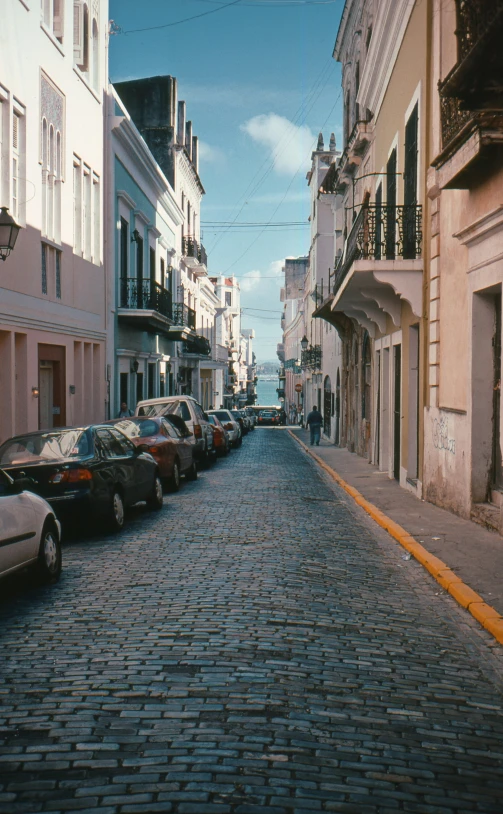 the buildings in the city street look old