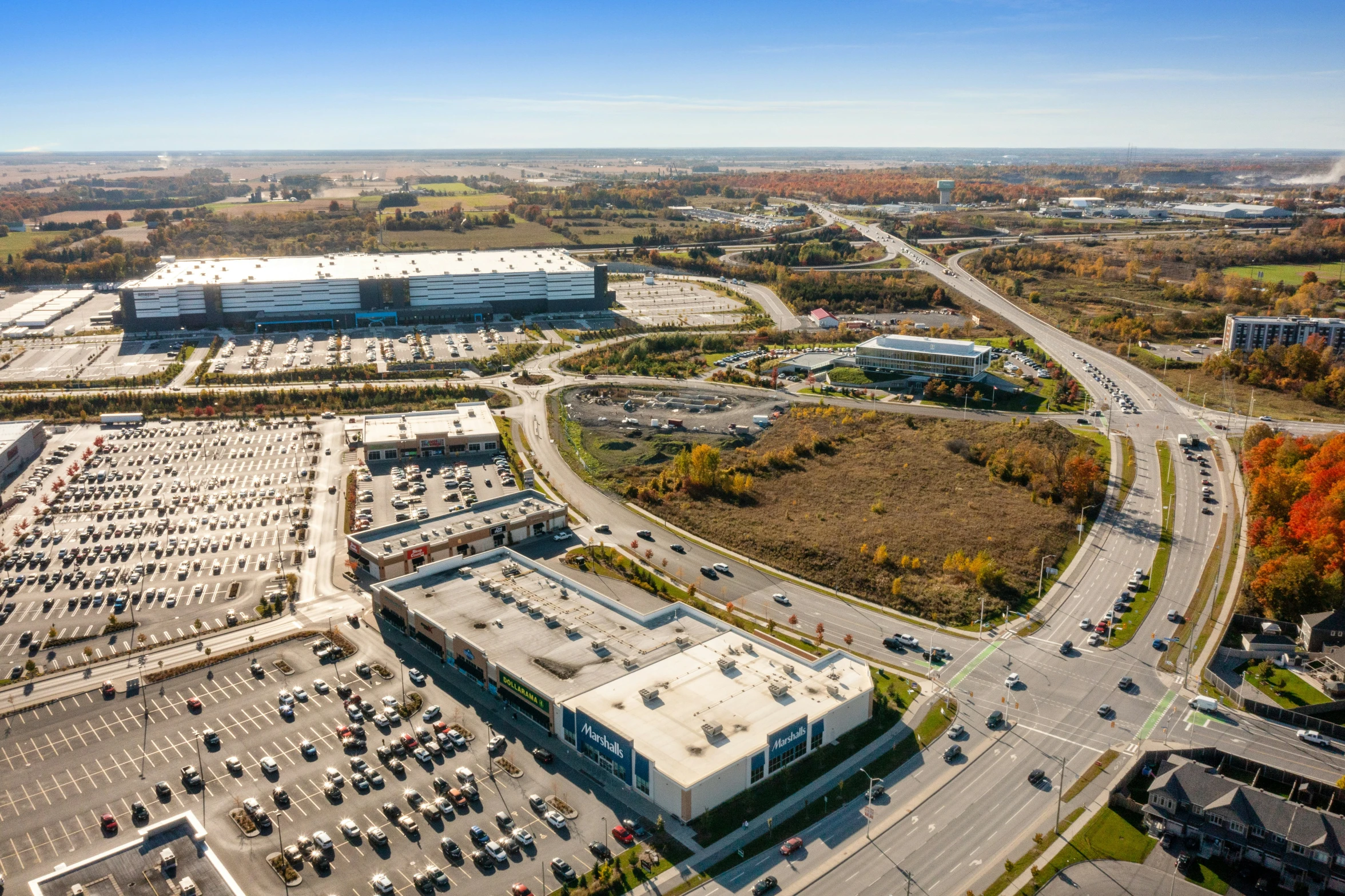 an overhead view of the cam and parking lot in fall