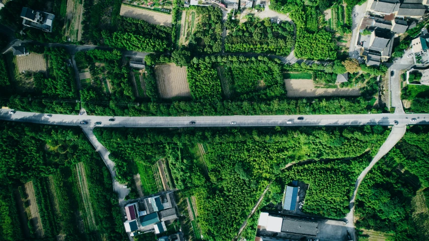 a road through an urban area is shown from above