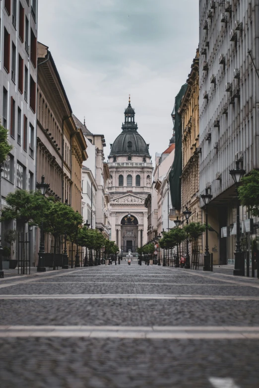 the view of an empty street with buildings in the background