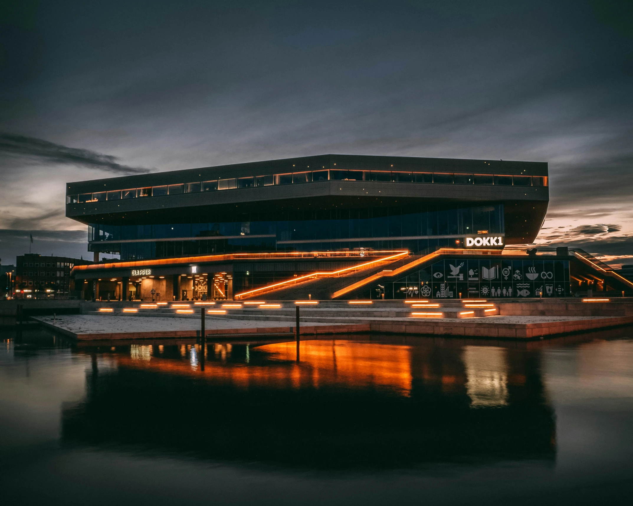 a large building that is lit up at night