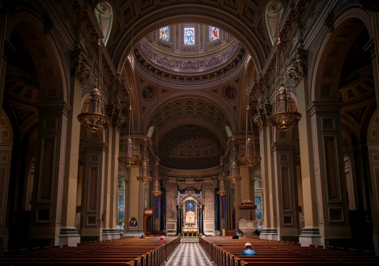 the interior of an old church with the high ceiling