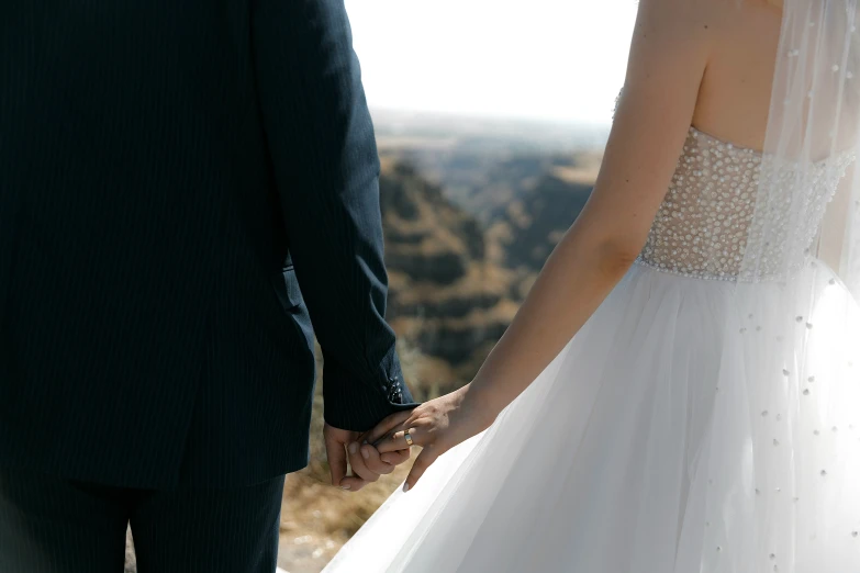 a bride and groom holding hands looking out over the hills