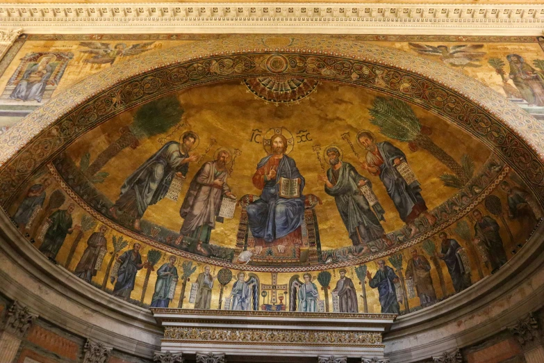 the inside of a building with paintings of jesus