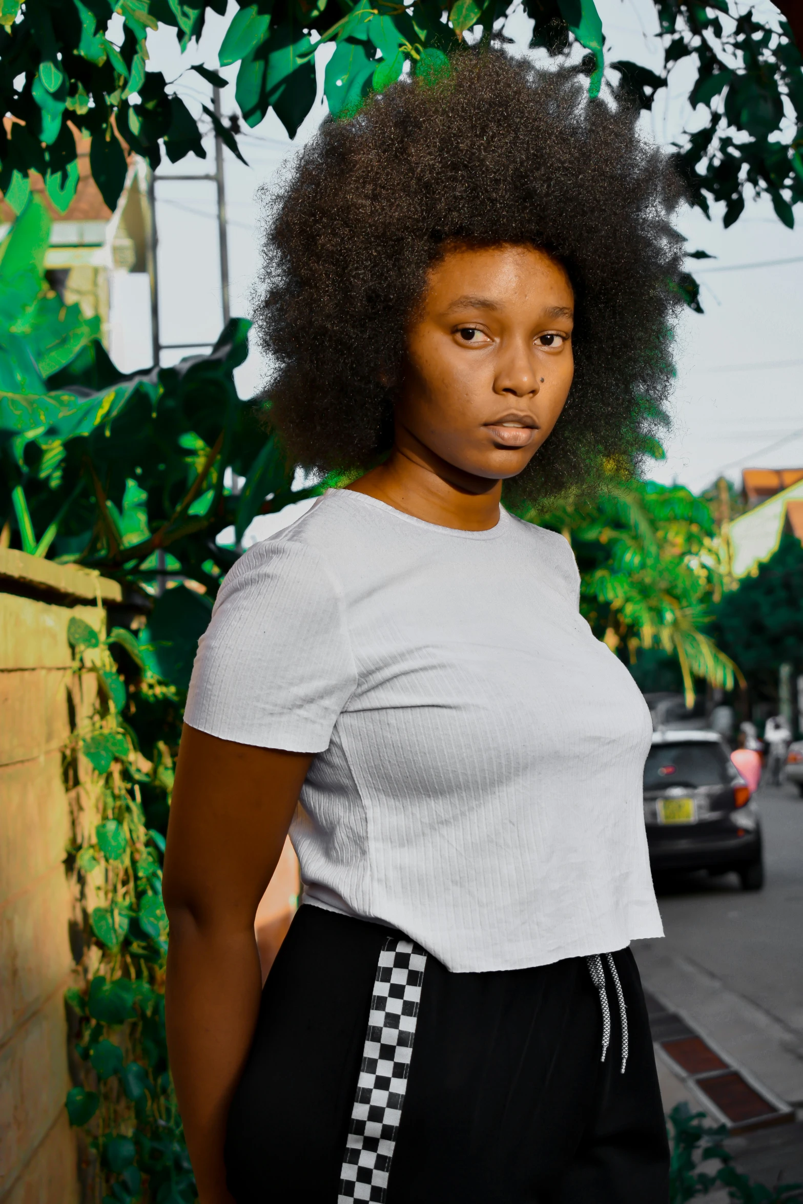 a woman with an afro standing next to a tree