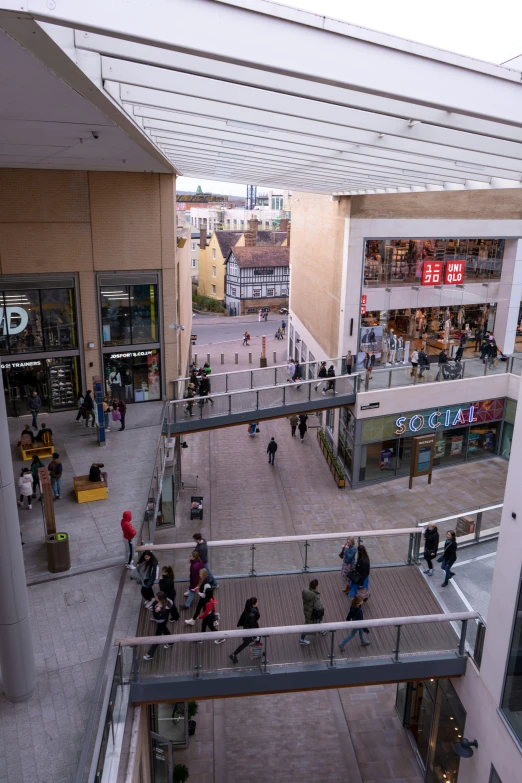 an aerial s of people on steps in the mall