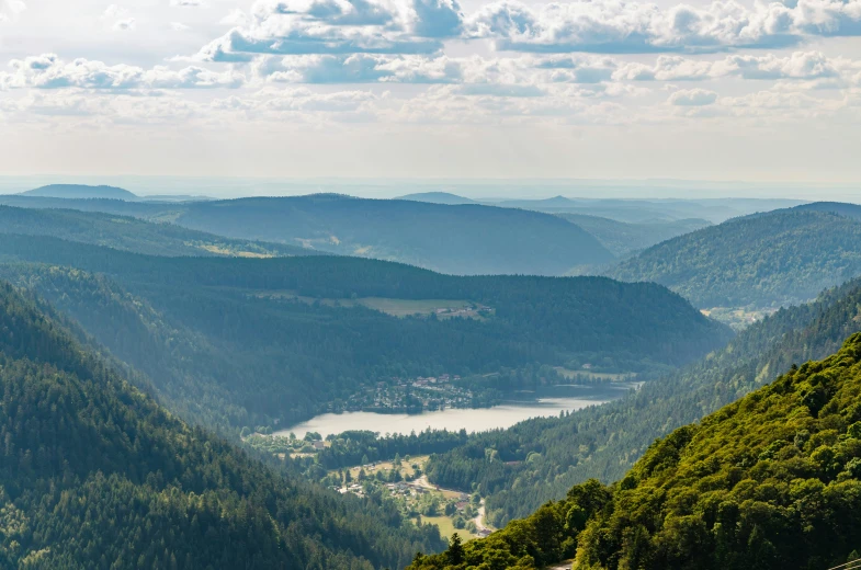 mountain tops are shown with valley and lake on either side