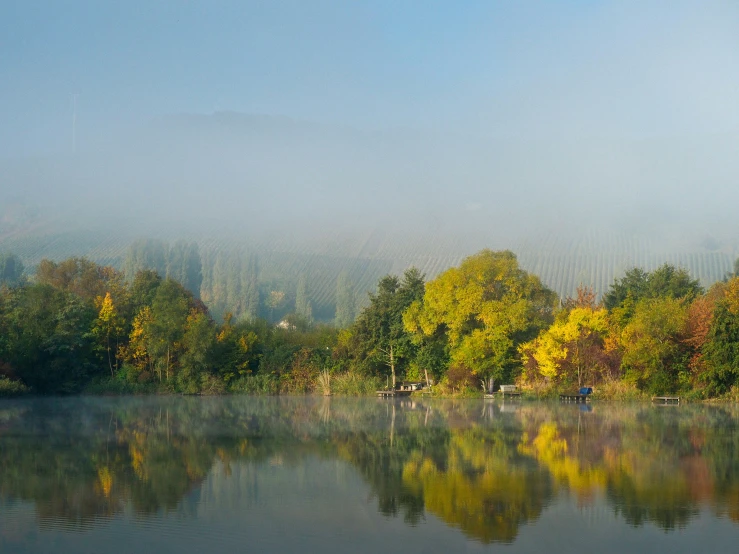 a lake with some trees surrounding by it