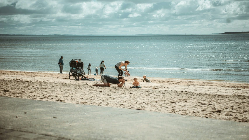 people and small dogs on the beach by the water