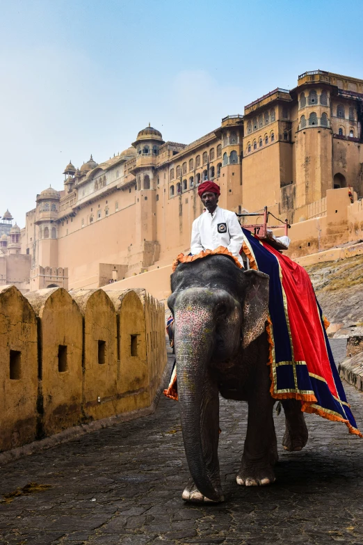 a man sitting on the back of an elephant near a stone wall