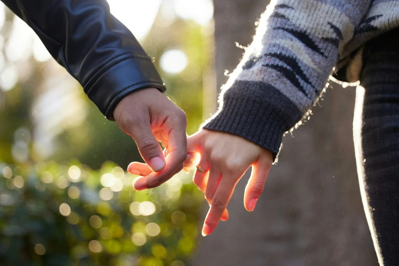 two people reaching for soing in the forest