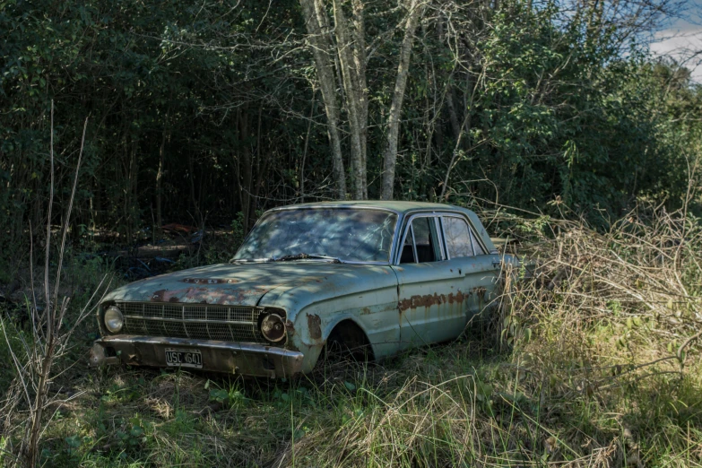 an old, rusted car parked next to a tree