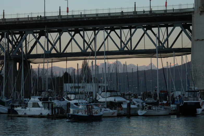 boats are docked in the harbor next to an industrial bridge