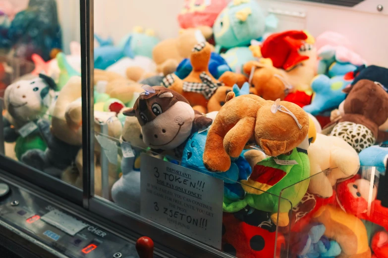 a display case with lots of stuffed animals inside of it