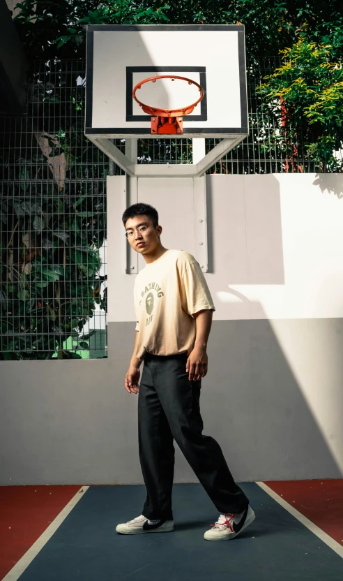 a man standing next to a basketball hoop