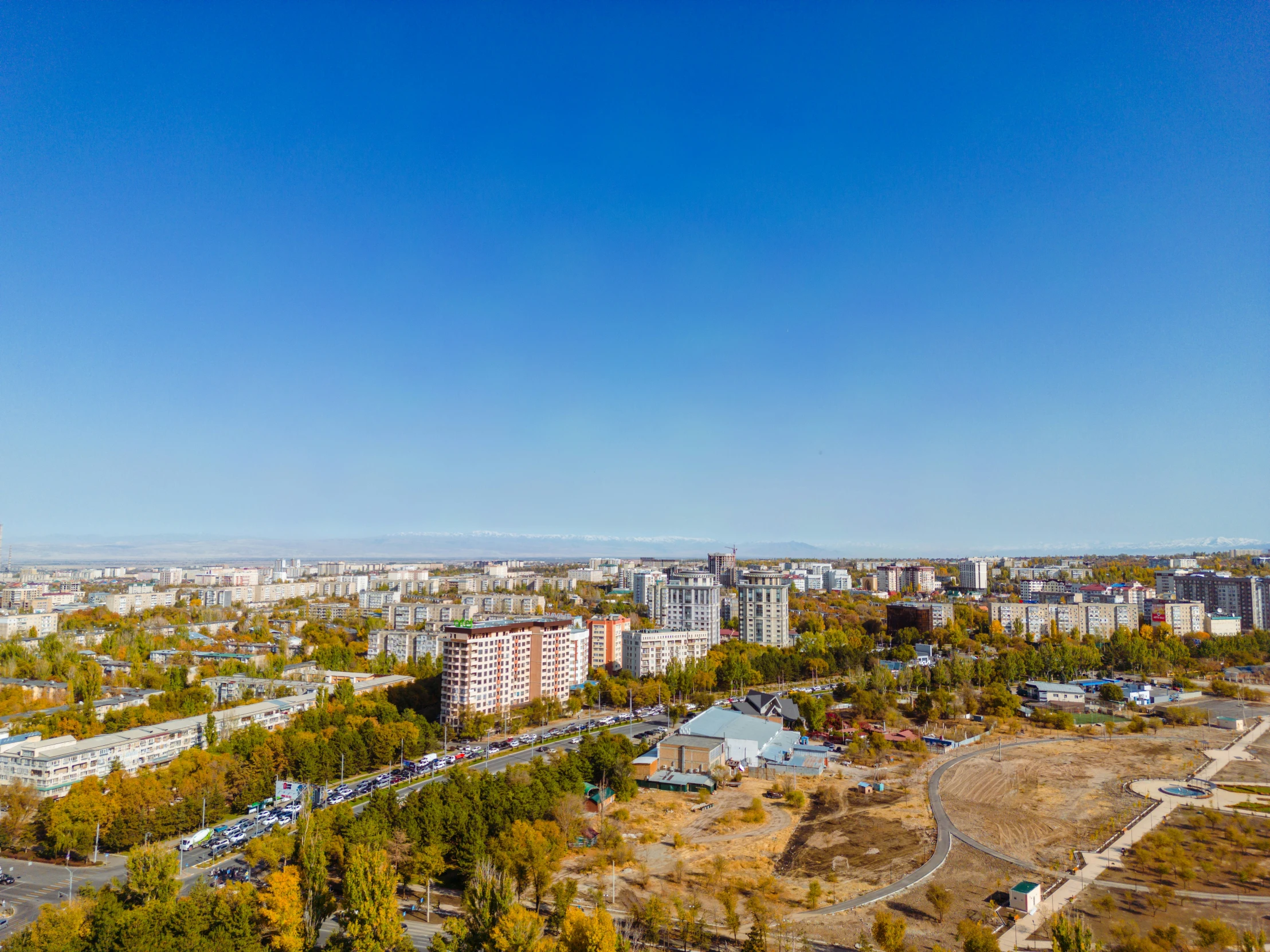 a city with buildings near a forest in autumn