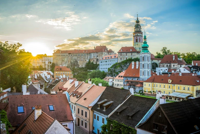 city view with red rooftops and tall steeples