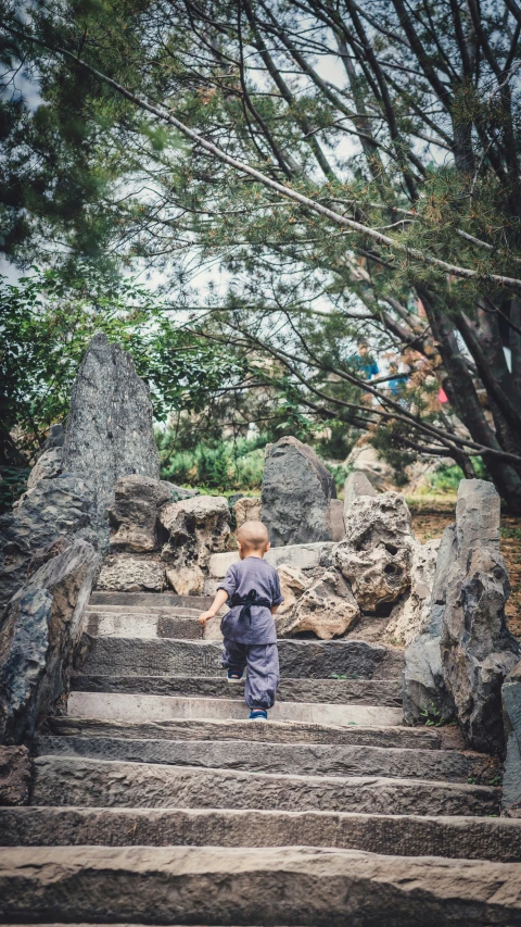 a  climbing a stone stairway next to a tree