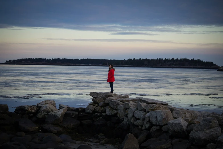 a woman in red jacket looking over the water