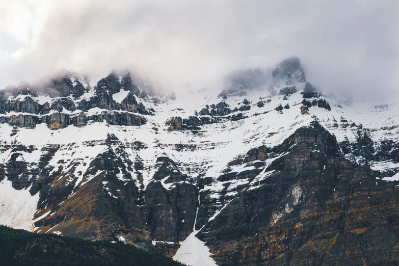 the snow covered mountains rise high above the trees