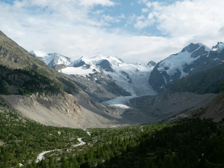 a landscape s with mountains, trees and a river