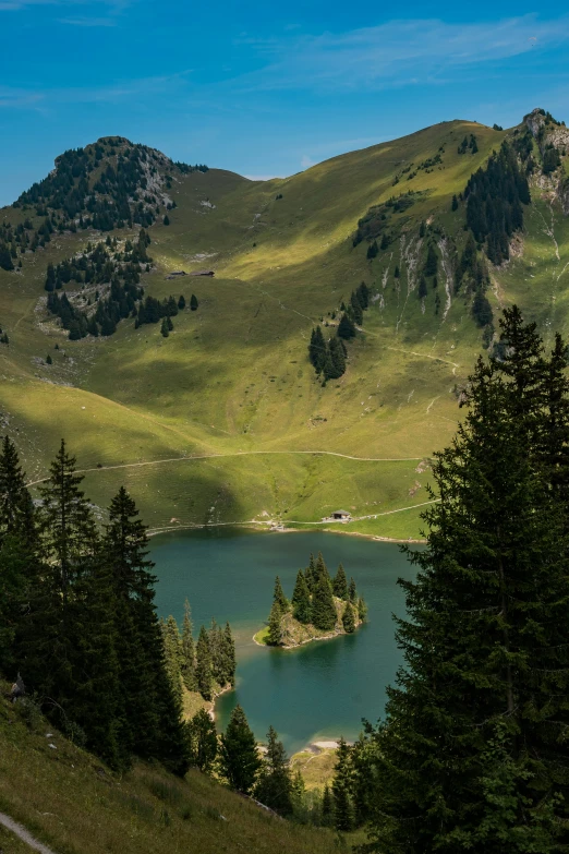 the lake looks almost empty in this alpine region