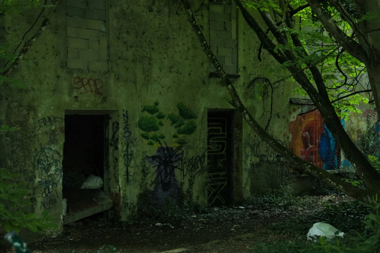 an abandoned building with graffiti on the exterior and door