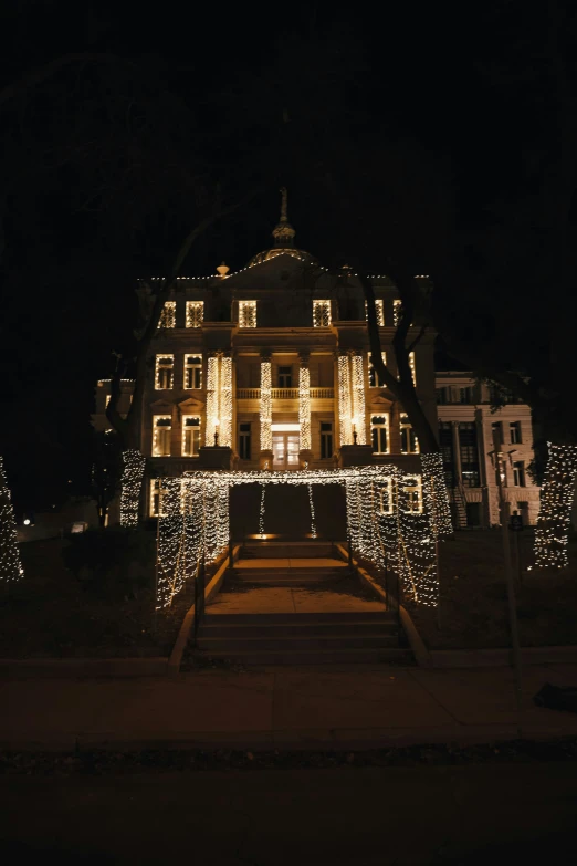 two rows of lights at night in front of a large home