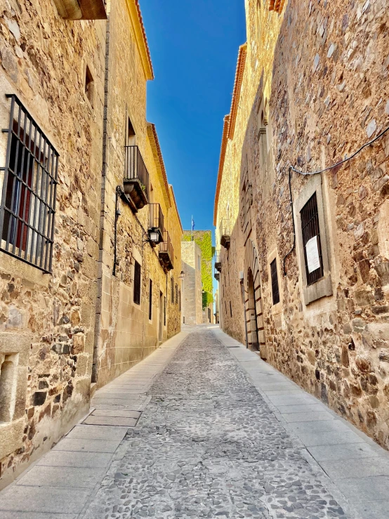 an empty alley with cobblestone and stone buildings