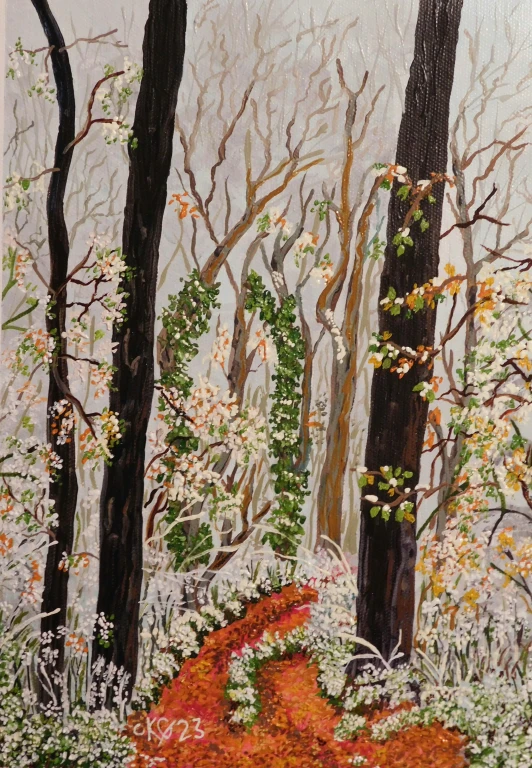 an oil painting of trees and plants in the woods