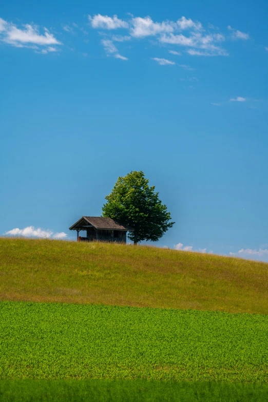 an old wooden cabin on a hill overlooking a green field