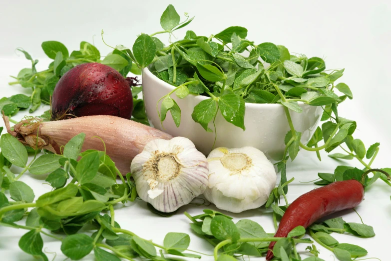 some green leaves and vegetables and onions and garlic