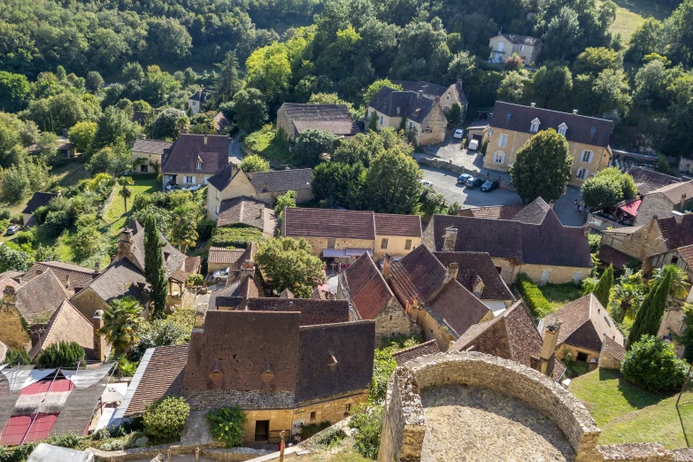 a village surrounded by forest covered hills and trees