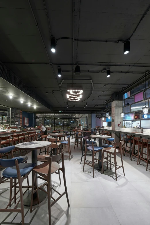 empty seating at a restaurant with white and blue stools