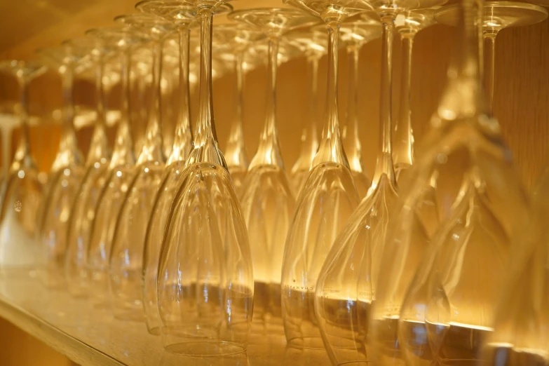 a row of wine glasses sit in a row on a shelf