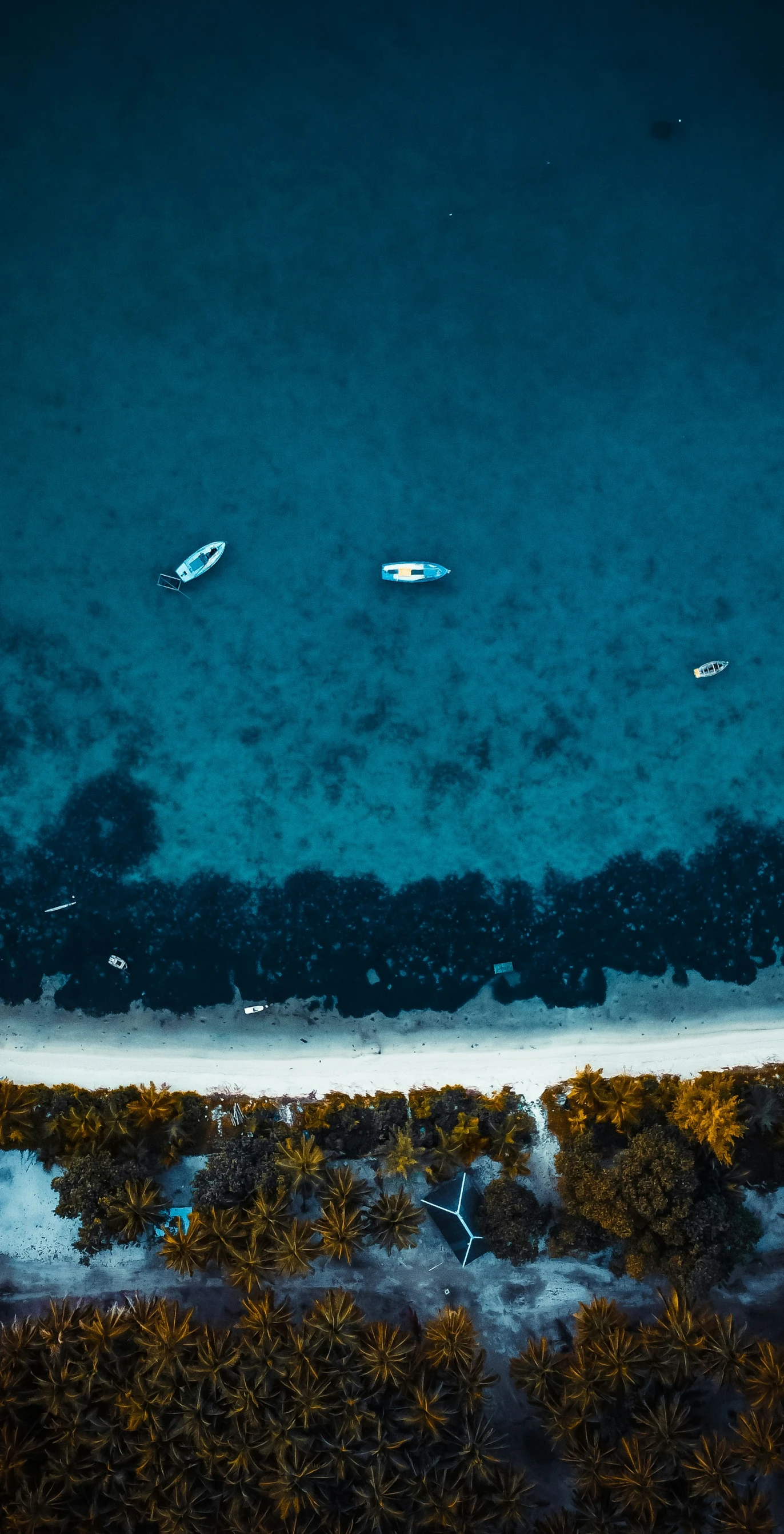 three boats in a lagoon near a beach