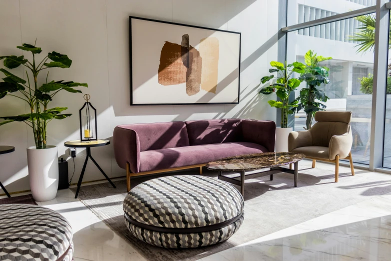a living room with purple couches and plant on the wall