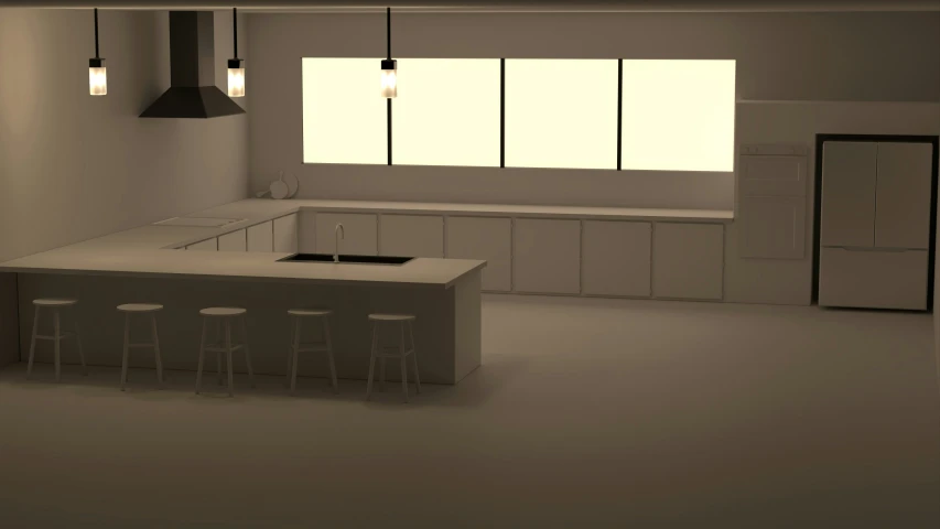 the kitchen has several stools and a bar counter