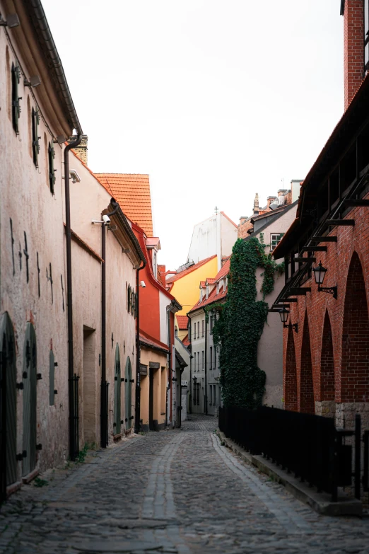 a cobblestone street has a few buildings along it